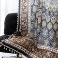 Luxurious bohemian curtain featuring an intricate mandala-inspired medallion design in rich navy blue, earthy brown, and soft beige tones, accented with elegant tassel trim — ideal for adding a touch of Moroccan or Middle Eastern charm to your living space.