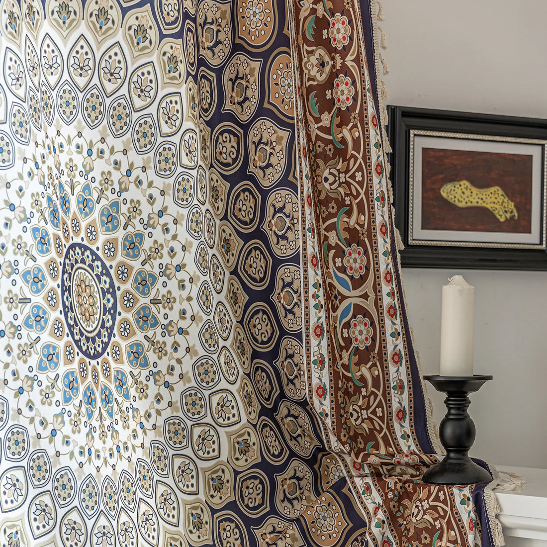 Luxurious bohemian curtain featuring an intricate mandala-inspired medallion design in rich navy blue, earthy brown, and soft beige tones, accented with elegant tassel trim — ideal for adding a touch of Moroccan or Middle Eastern charm to your living space.