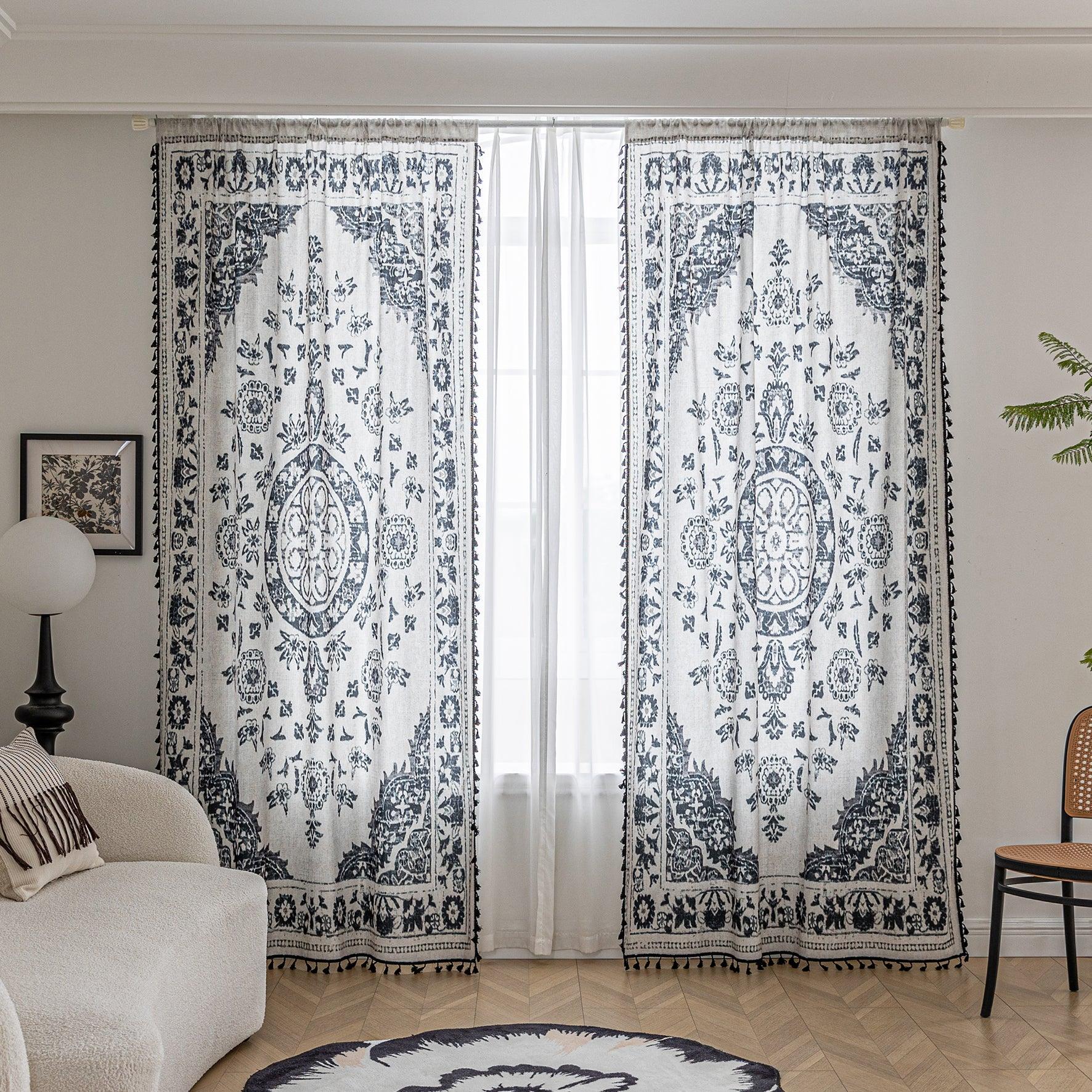 Elegant bohemian curtain in soft beige with intricate black floral and medallion motifs, finished with delicate black tassel trim — perfect for adding vintage charm and artistic flair to living rooms, bedrooms, or creative spaces.