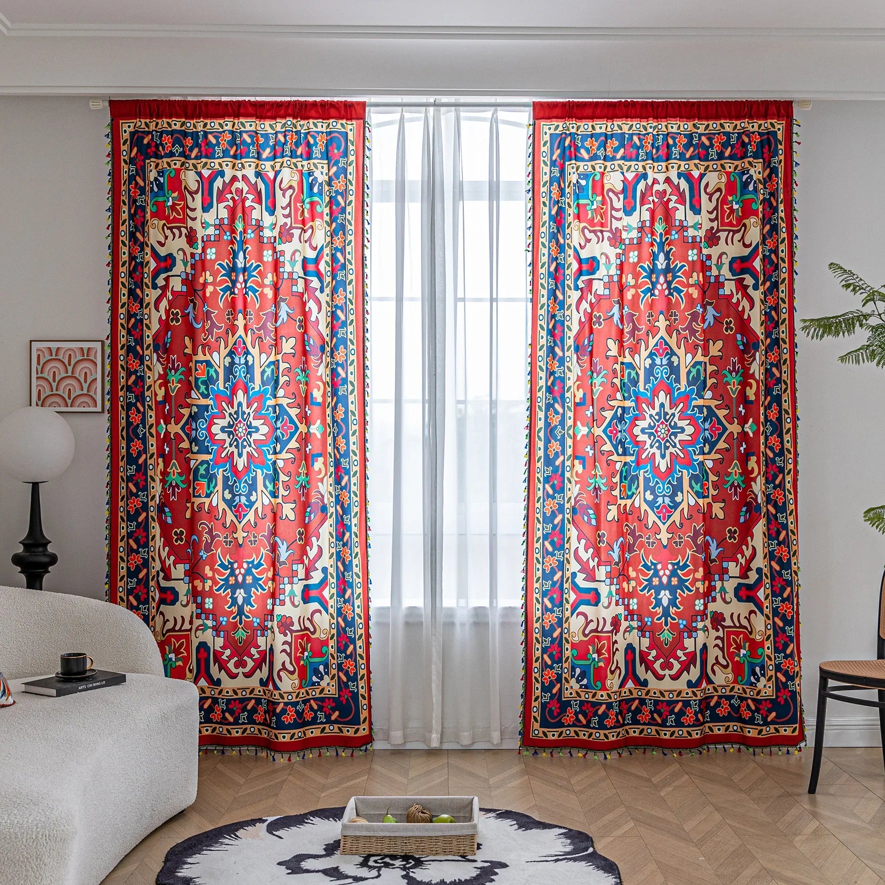Bold and vibrant curtain featuring a striking red base with intricate multicolor floral and geometric patterns, framed by an ornate navy and gold border — perfect for adding warmth, personality, and cultural flair to your living space.