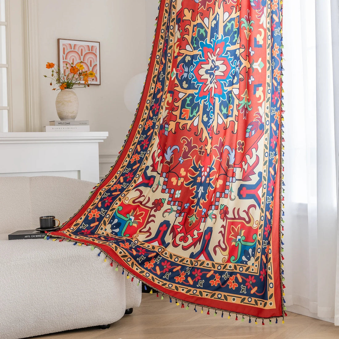 Bold and vibrant curtain featuring a striking red base with intricate multicolor floral and geometric patterns, framed by an ornate navy and gold border — perfect for adding warmth, personality, and cultural flair to your living space.
