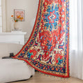 Bold and vibrant curtain featuring a striking red base with intricate multicolor floral and geometric patterns, framed by an ornate navy and gold border — perfect for adding warmth, personality, and cultural flair to your living space.