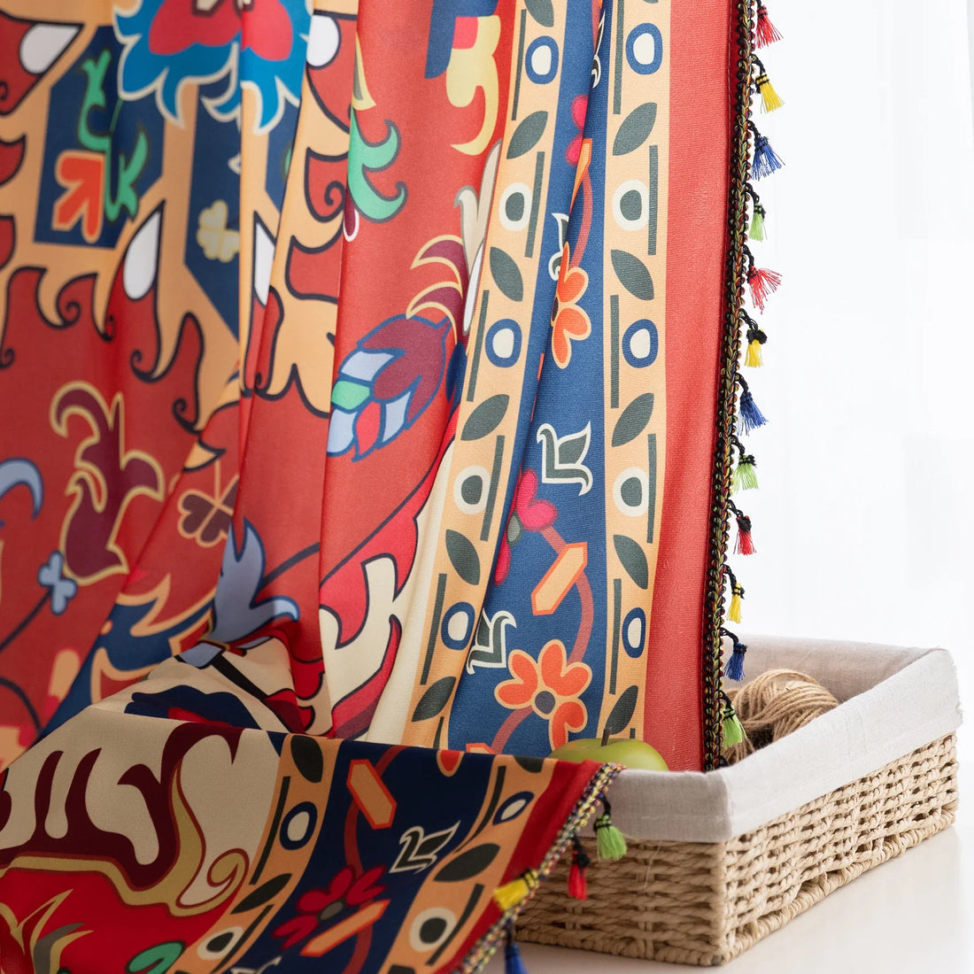 Bold and vibrant curtain featuring a striking red base with intricate multicolor floral and geometric patterns, framed by an ornate navy and gold border — perfect for adding warmth, personality, and cultural flair to your living space.