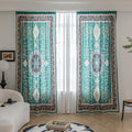 Elegant curtain in a refreshing teal hue, featuring an intricate central medallion design with floral and scroll motifs, framed by a richly detailed border — perfect for adding a touch of sophistication and cultural artistry to any living space.