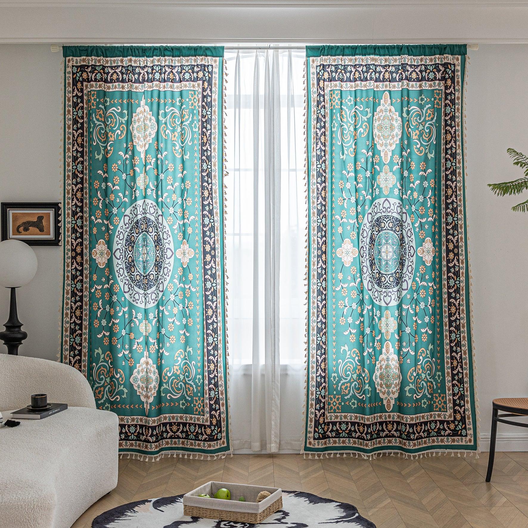 Elegant curtain in a refreshing teal hue, featuring an intricate central medallion design with floral and scroll motifs, framed by a richly detailed border — perfect for adding a touch of sophistication and cultural artistry to any living space.