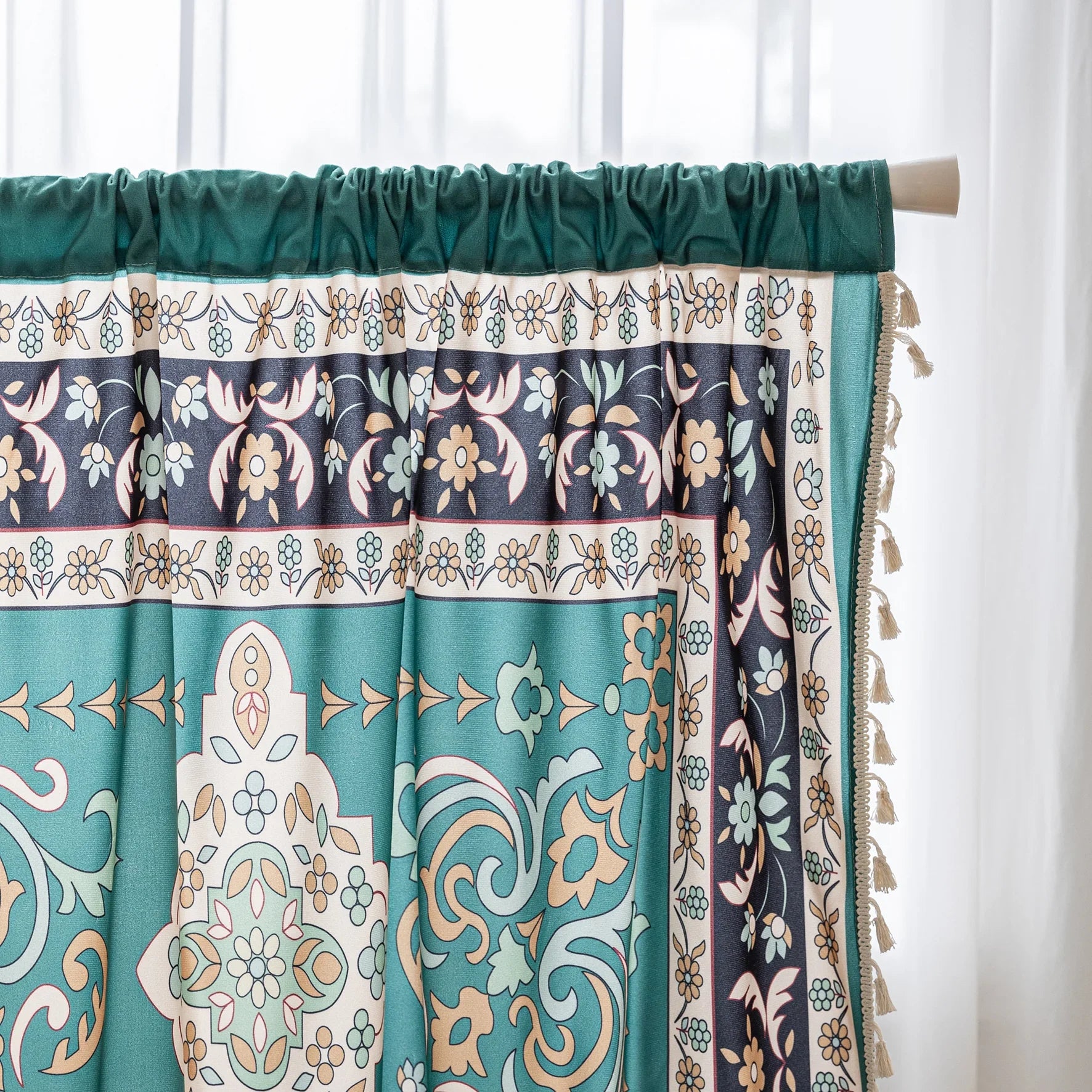 Elegant curtain in a refreshing teal hue, featuring an intricate central medallion design with floral and scroll motifs, framed by a richly detailed border — perfect for adding a touch of sophistication and cultural artistry to any living space.