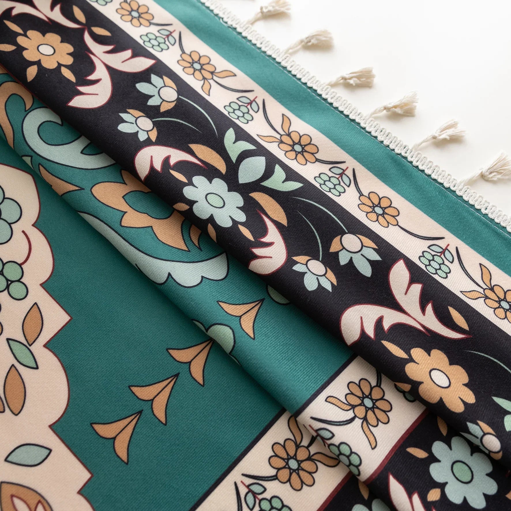 Elegant curtain in a refreshing teal hue, featuring an intricate central medallion design with floral and scroll motifs, framed by a richly detailed border — perfect for adding a touch of sophistication and cultural artistry to any living space.