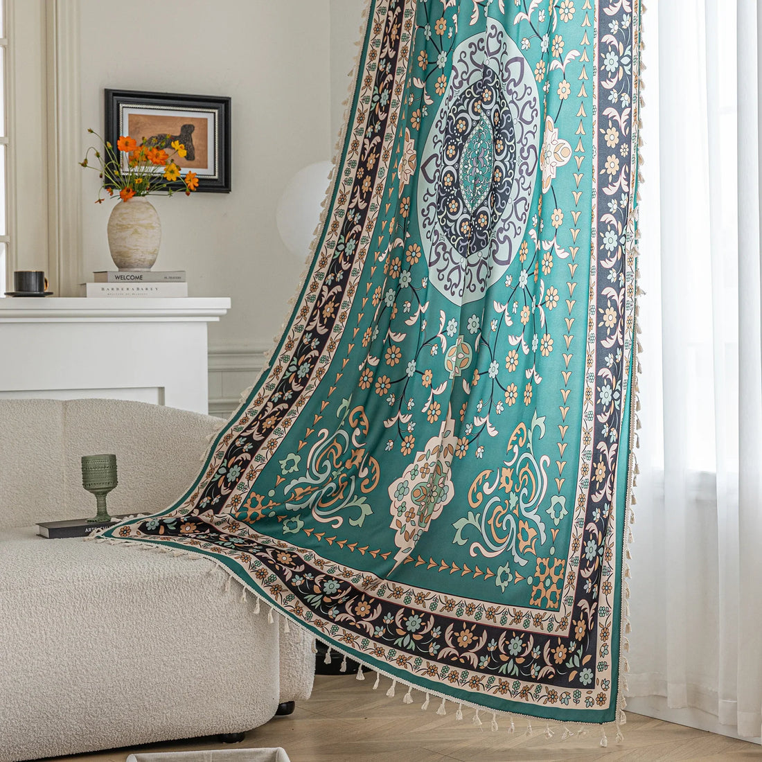 Elegant curtain in a refreshing teal hue, featuring an intricate central medallion design with floral and scroll motifs, framed by a richly detailed border — perfect for adding a touch of sophistication and cultural artistry to any living space.