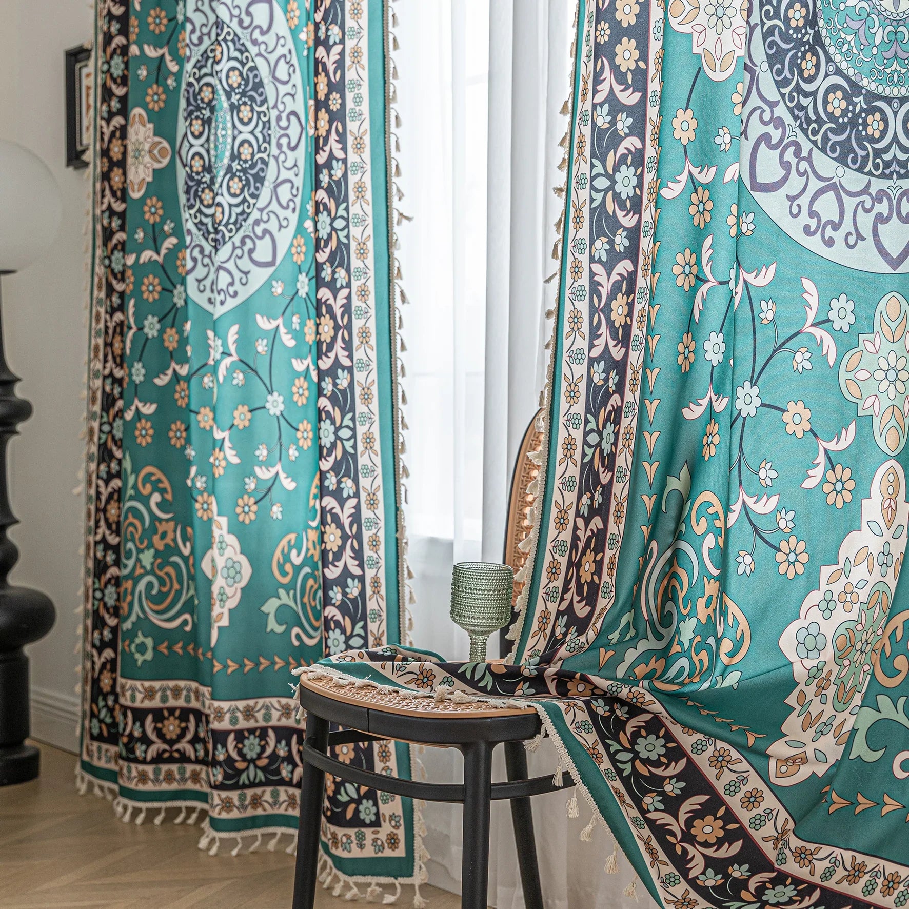 Elegant curtain in a refreshing teal hue, featuring an intricate central medallion design with floral and scroll motifs, framed by a richly detailed border — perfect for adding a touch of sophistication and cultural artistry to any living space.