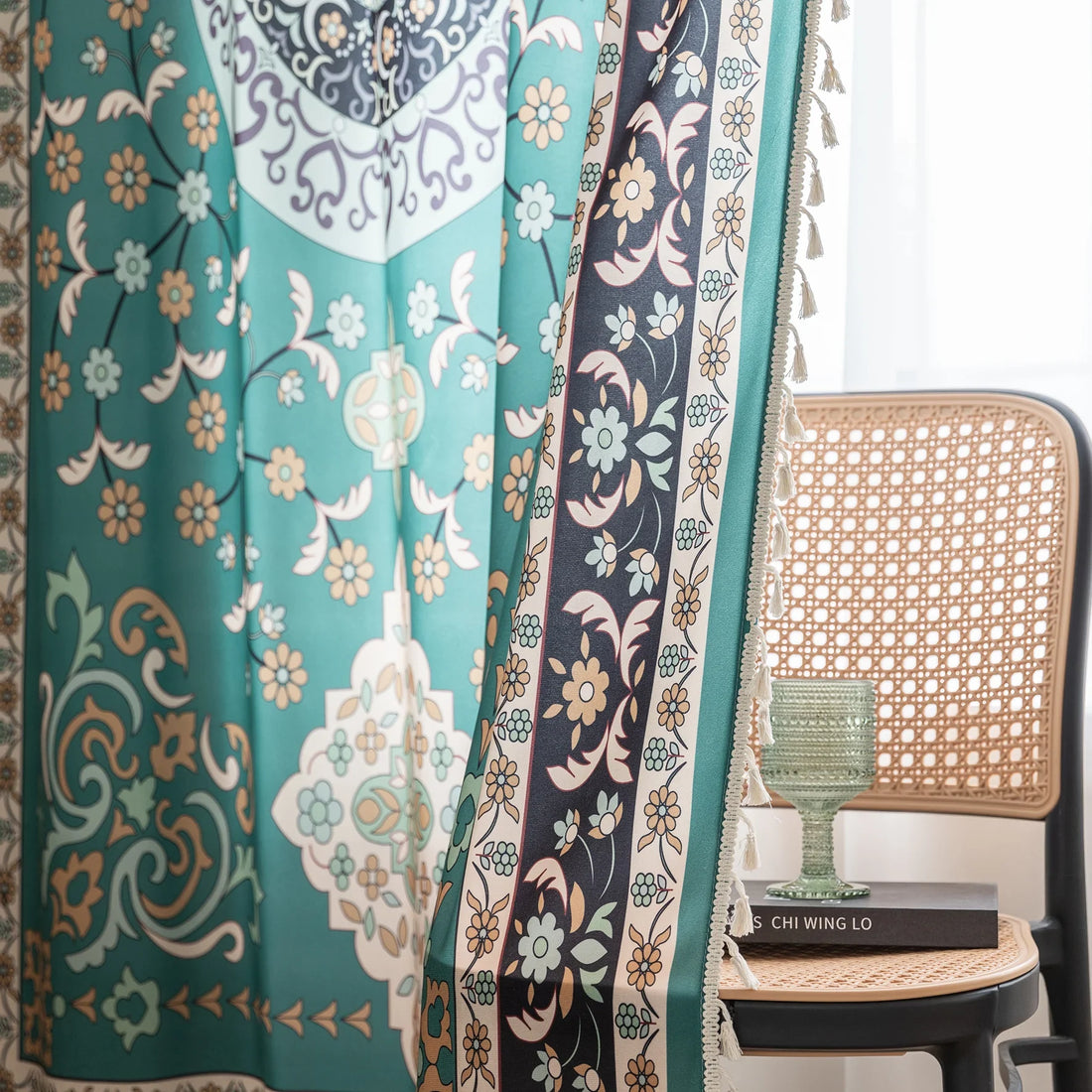Elegant curtain in a refreshing teal hue, featuring an intricate central medallion design with floral and scroll motifs, framed by a richly detailed border — perfect for adding a touch of sophistication and cultural artistry to any living space.