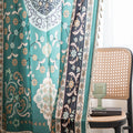 Elegant curtain in a refreshing teal hue, featuring an intricate central medallion design with floral and scroll motifs, framed by a richly detailed border — perfect for adding a touch of sophistication and cultural artistry to any living space.