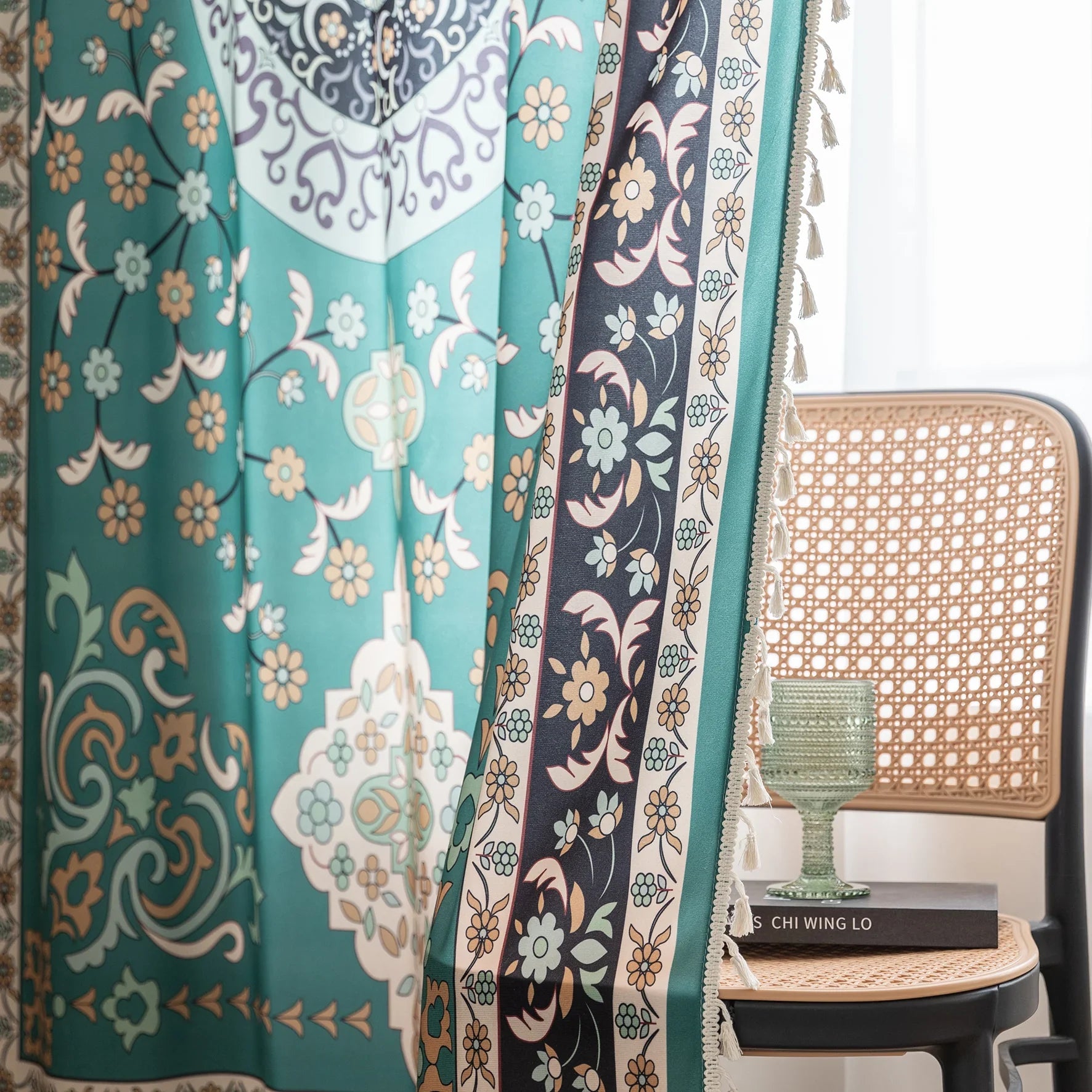 Elegant curtain in a refreshing teal hue, featuring an intricate central medallion design with floral and scroll motifs, framed by a richly detailed border — perfect for adding a touch of sophistication and cultural artistry to any living space.