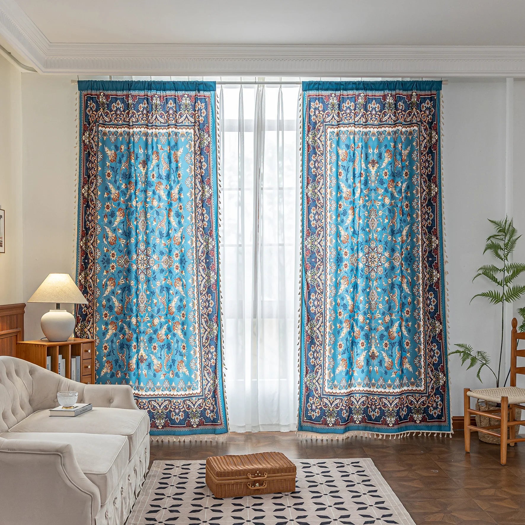 Luxurious curtain with a rich turquoise base, adorned with intricate floral and paisley patterns in warm earthy tones, framed by an ornate contrasting border — ideal for adding elegance and cultural charm to any room.