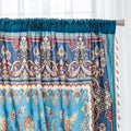 Luxurious curtain with a rich turquoise base, adorned with intricate floral and paisley patterns in warm earthy tones, framed by an ornate contrasting border — ideal for adding elegance and cultural charm to any room.