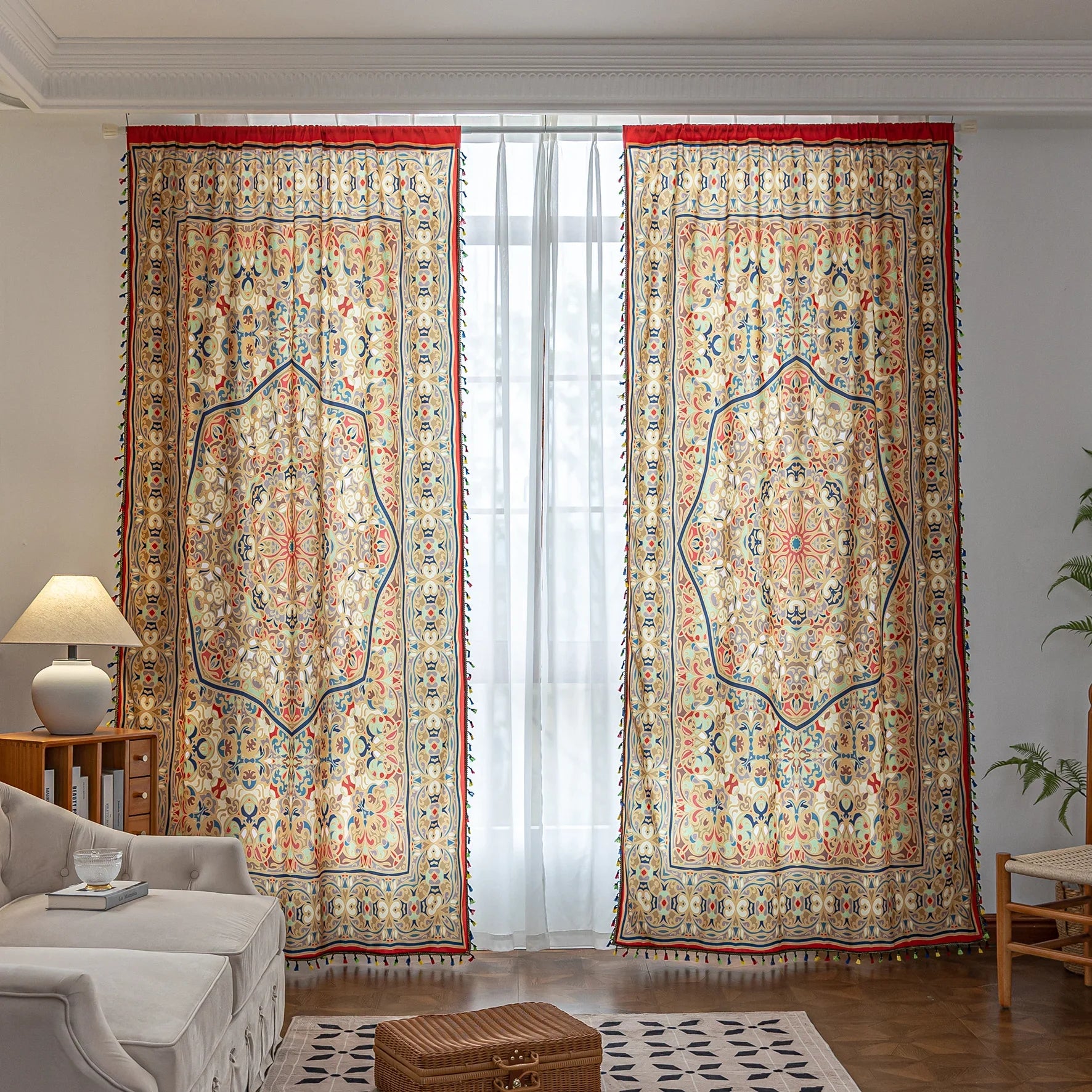 Elegant curtain with intricate multicolor floral and geometric patterns, framed by a decorative border and colorful tassels — perfect for adding a vibrant, artistic touch to any living space.