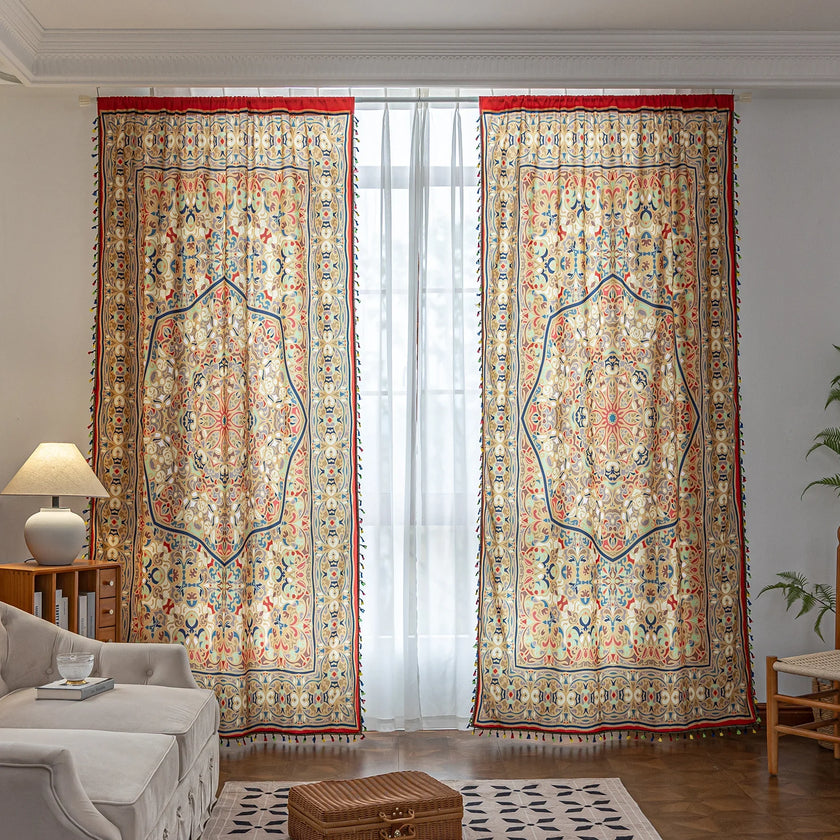 Elegant curtain with intricate multicolor floral and geometric patterns, framed by a decorative border and colorful tassels ¡ª perfect for adding a vibrant, artistic touch to any living space.