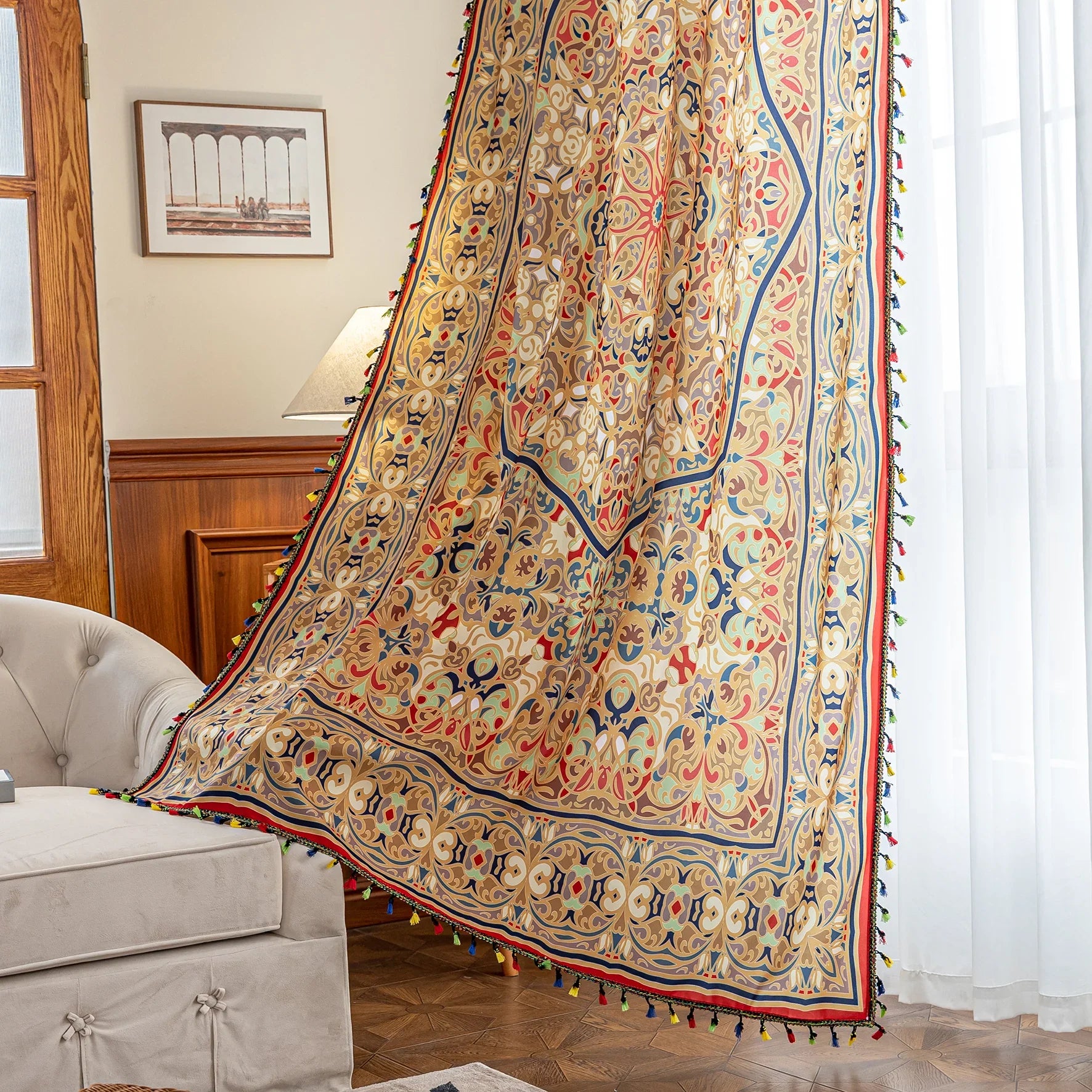 Elegant curtain with intricate multicolor floral and geometric patterns, framed by a decorative border and colorful tassels — perfect for adding a vibrant, artistic touch to any living space.