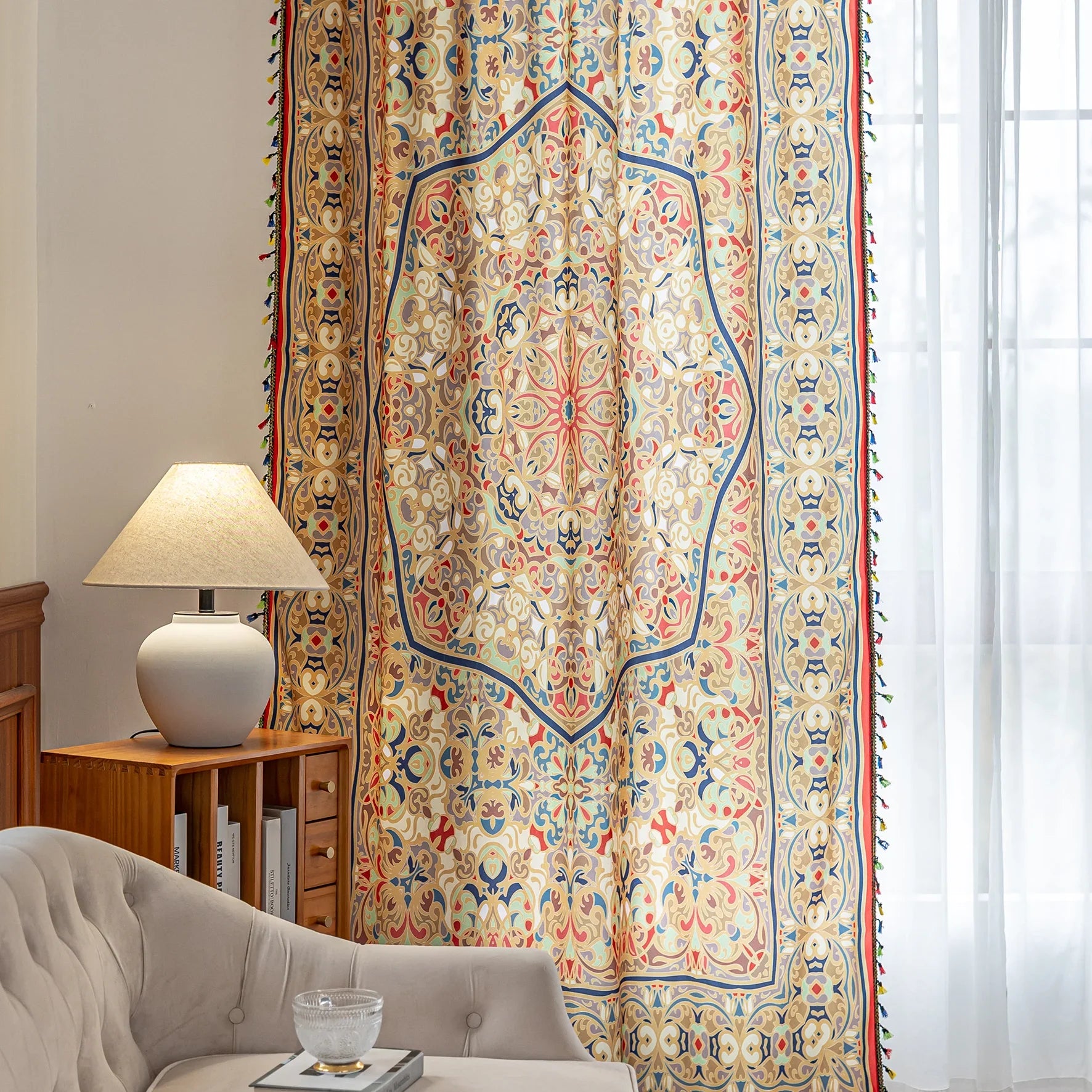 Elegant curtain with intricate multicolor floral and geometric patterns, framed by a decorative border and colorful tassels — perfect for adding a vibrant, artistic touch to any living space.