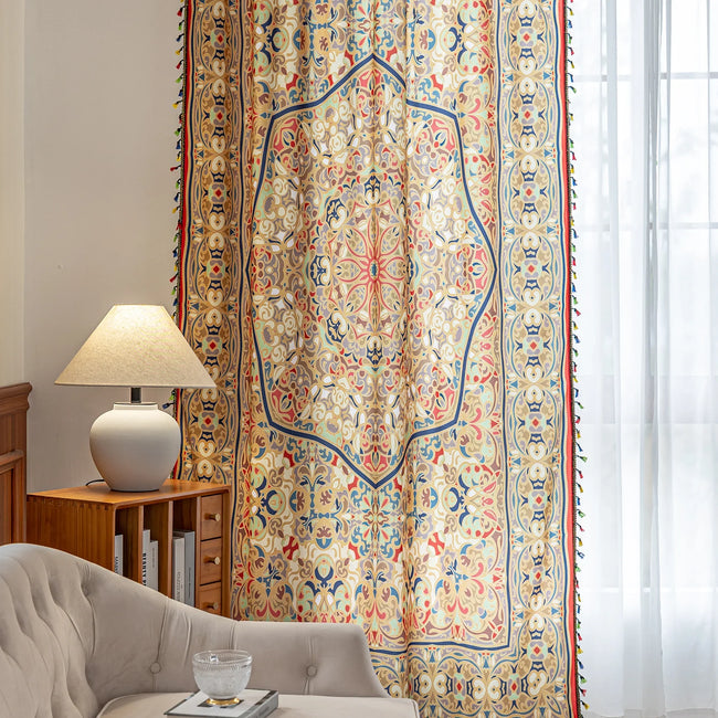 Elegant curtain with intricate multicolor floral and geometric patterns, framed by a decorative border and colorful tassels ¡ª perfect for adding a vibrant, artistic touch to any living space.