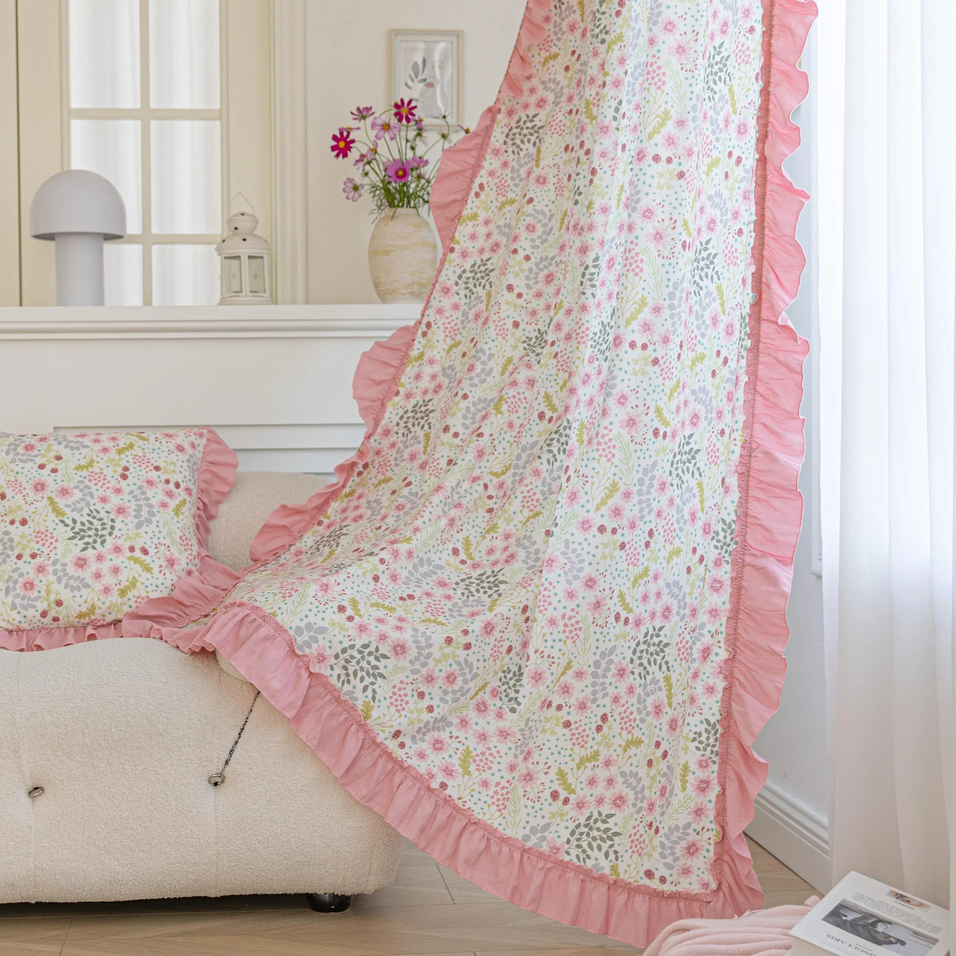 Add a romantic touch to your home with our floral curtain, featuring soft pink ruffle edges and delicate flower prints. Perfect for bedrooms or living rooms, it blends elegance, coziness, and charm.