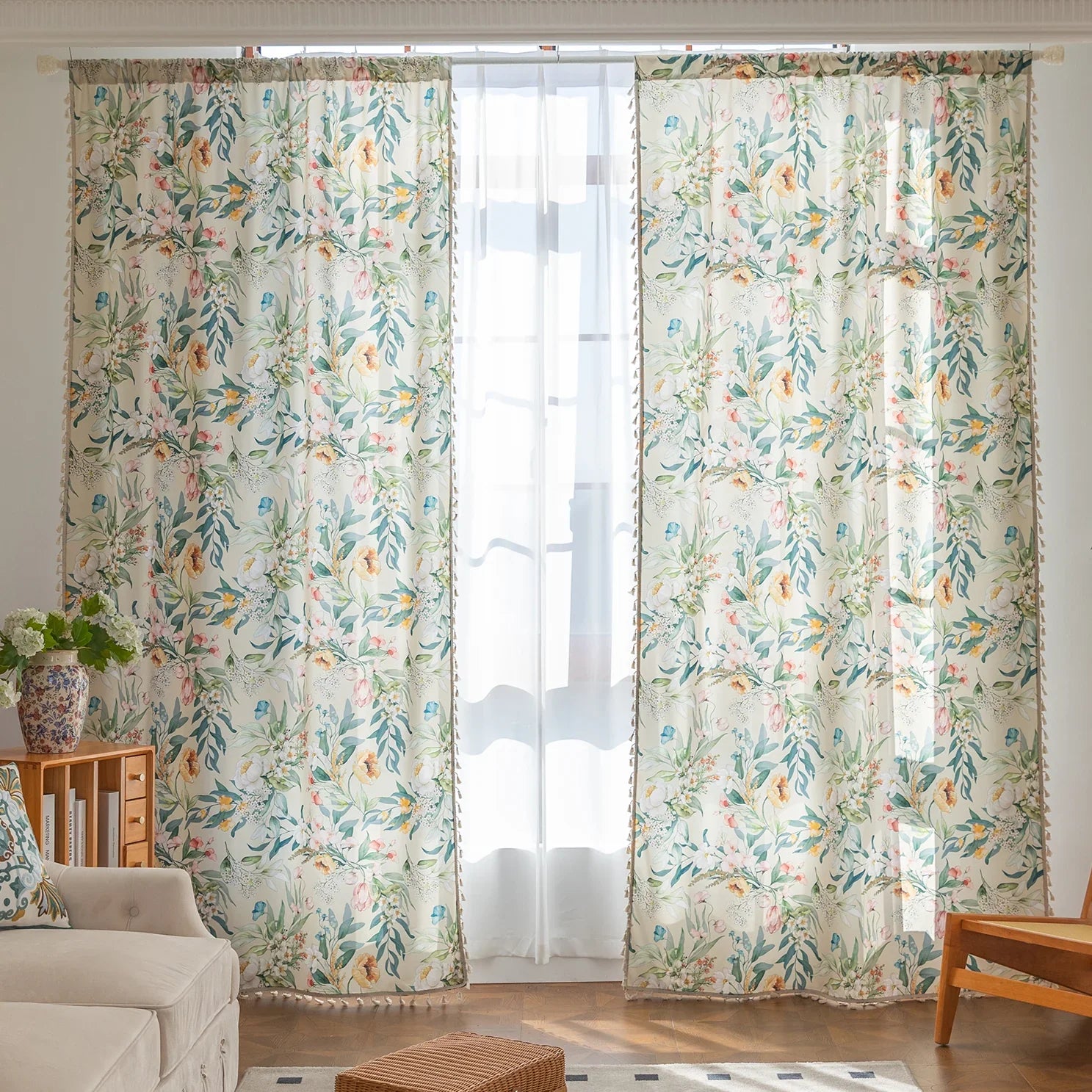 Elegant floral curtain with vibrant botanical prints, perfect for adding a fresh, nature-inspired touch to any living space