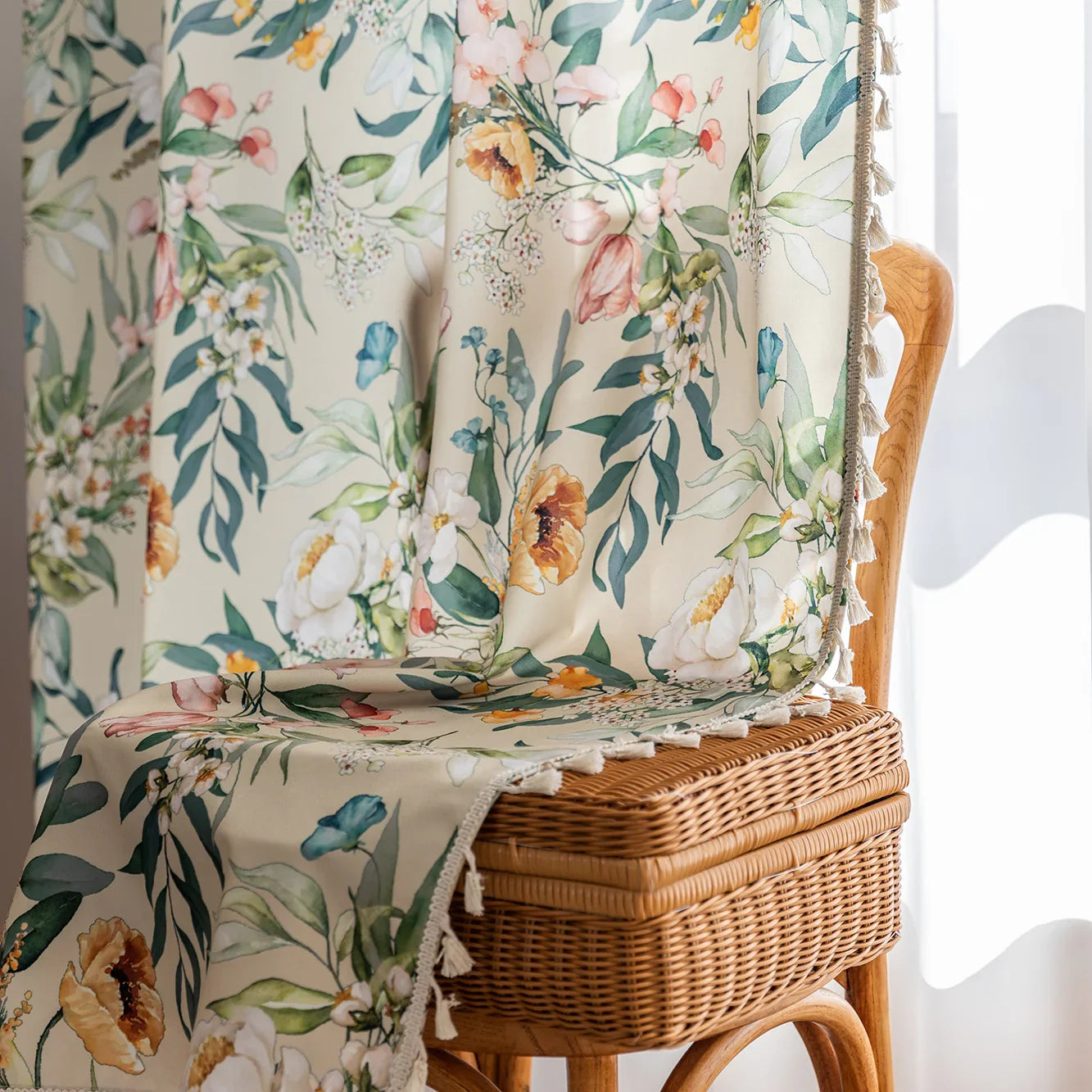 Elegant floral curtain with vibrant botanical prints, perfect for adding a fresh, nature-inspired touch to any living space