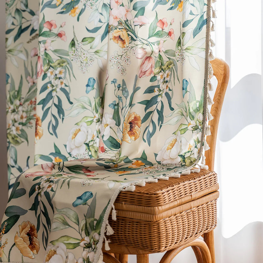 Elegant floral curtain with vibrant botanical prints, perfect for adding a fresh, nature-inspired touch to any living space