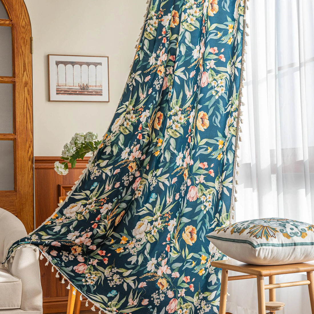 Dark teal floral curtain with vibrant botanical prints, adding a fresh, elegant, and nature-inspired touch to any room décor.