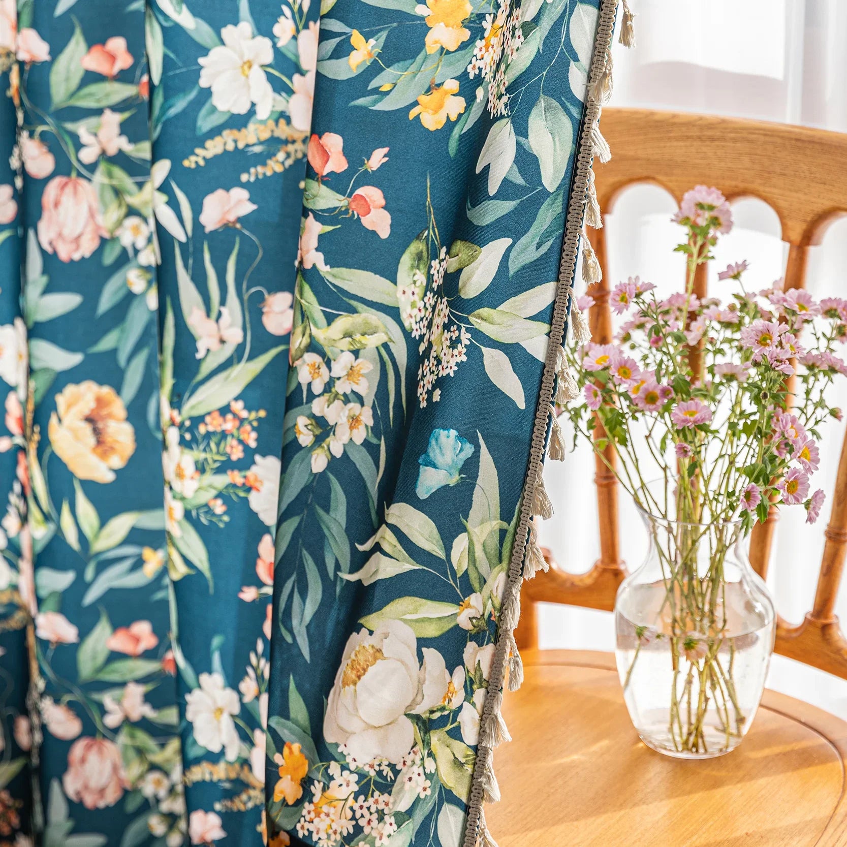 Dark teal floral curtain with vibrant botanical prints, adding a fresh, elegant, and nature-inspired touch to any room décor.