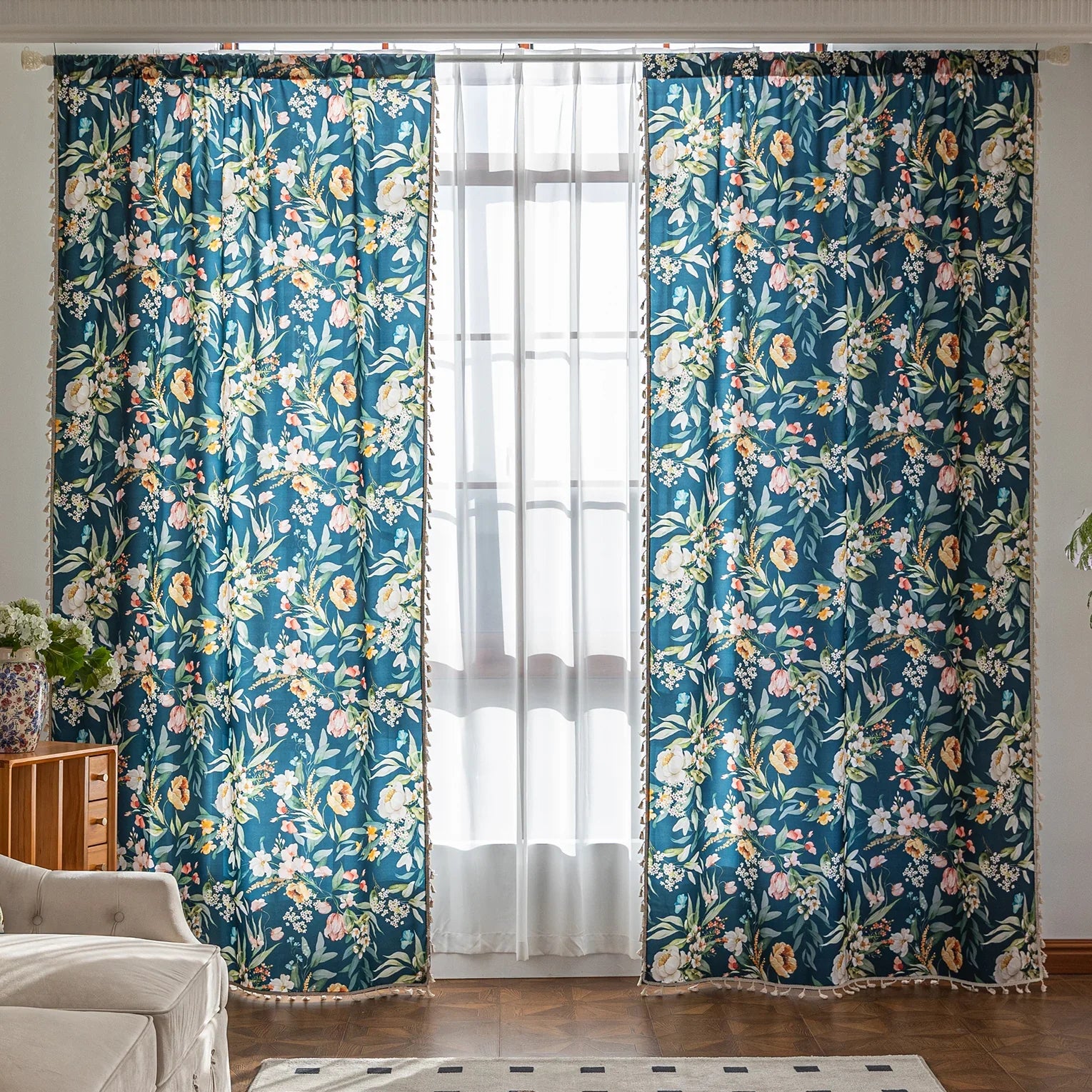 Dark teal floral curtain with vibrant botanical prints, adding a fresh, elegant, and nature-inspired touch to any room décor.