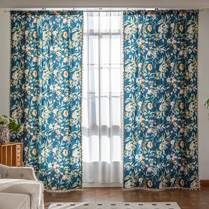 Dark teal floral curtain with vibrant botanical prints, adding a fresh, elegant, and nature-inspired touch to any room d¨¦cor.