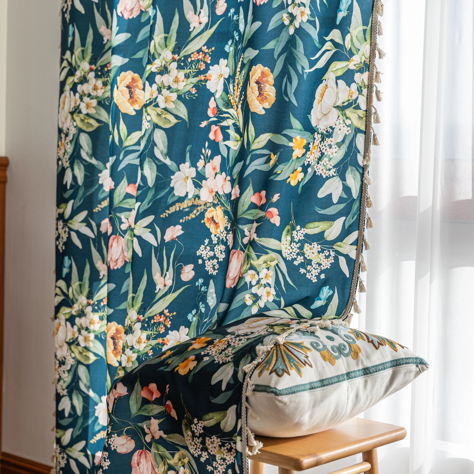 Dark teal floral curtain with vibrant botanical prints, adding a fresh, elegant, and nature-inspired touch to any room décor.