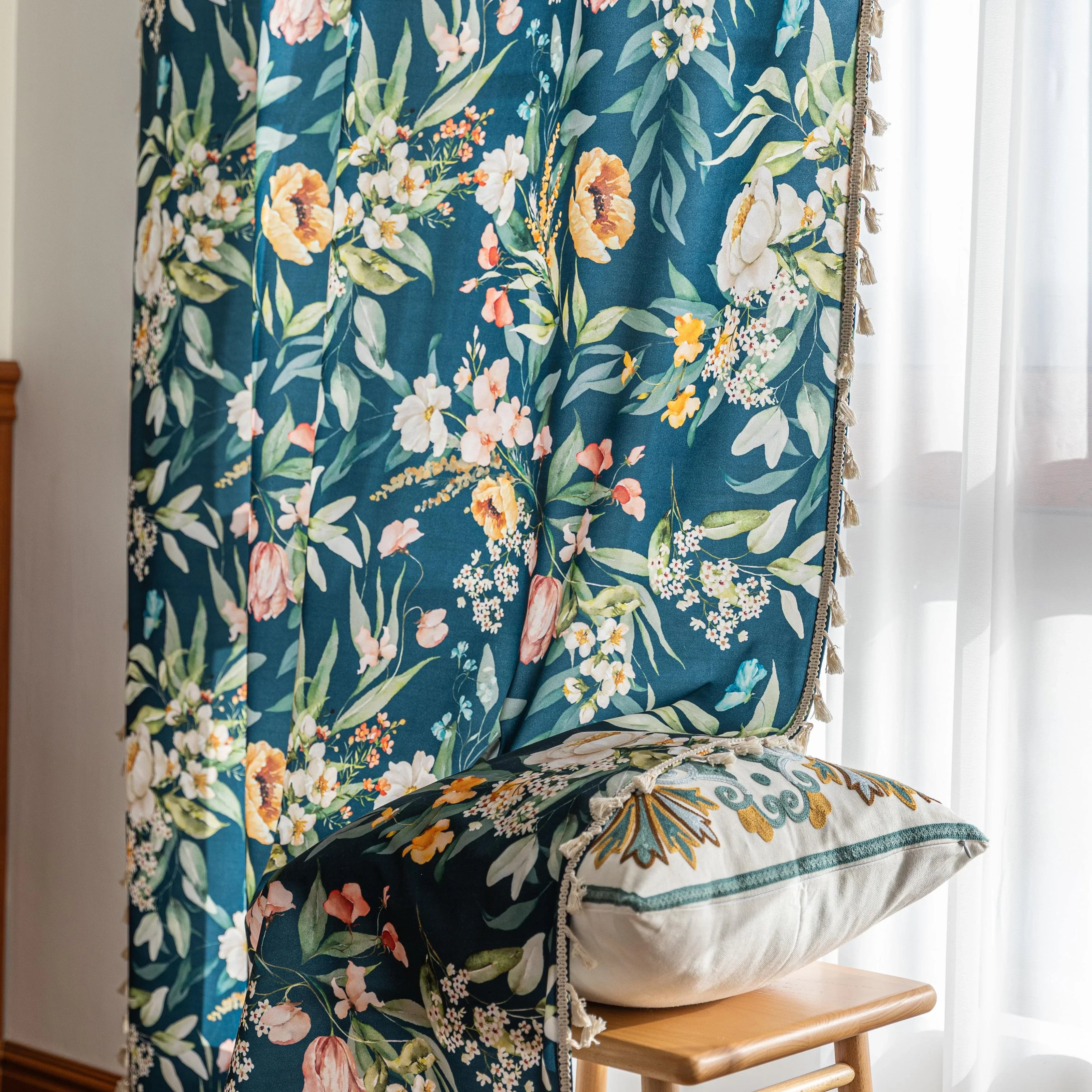Dark teal floral curtain with vibrant botanical prints, adding a fresh, elegant, and nature-inspired touch to any room d¨¦cor.