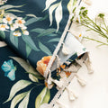 Dark teal floral curtain with vibrant botanical prints, adding a fresh, elegant, and nature-inspired touch to any room décor.