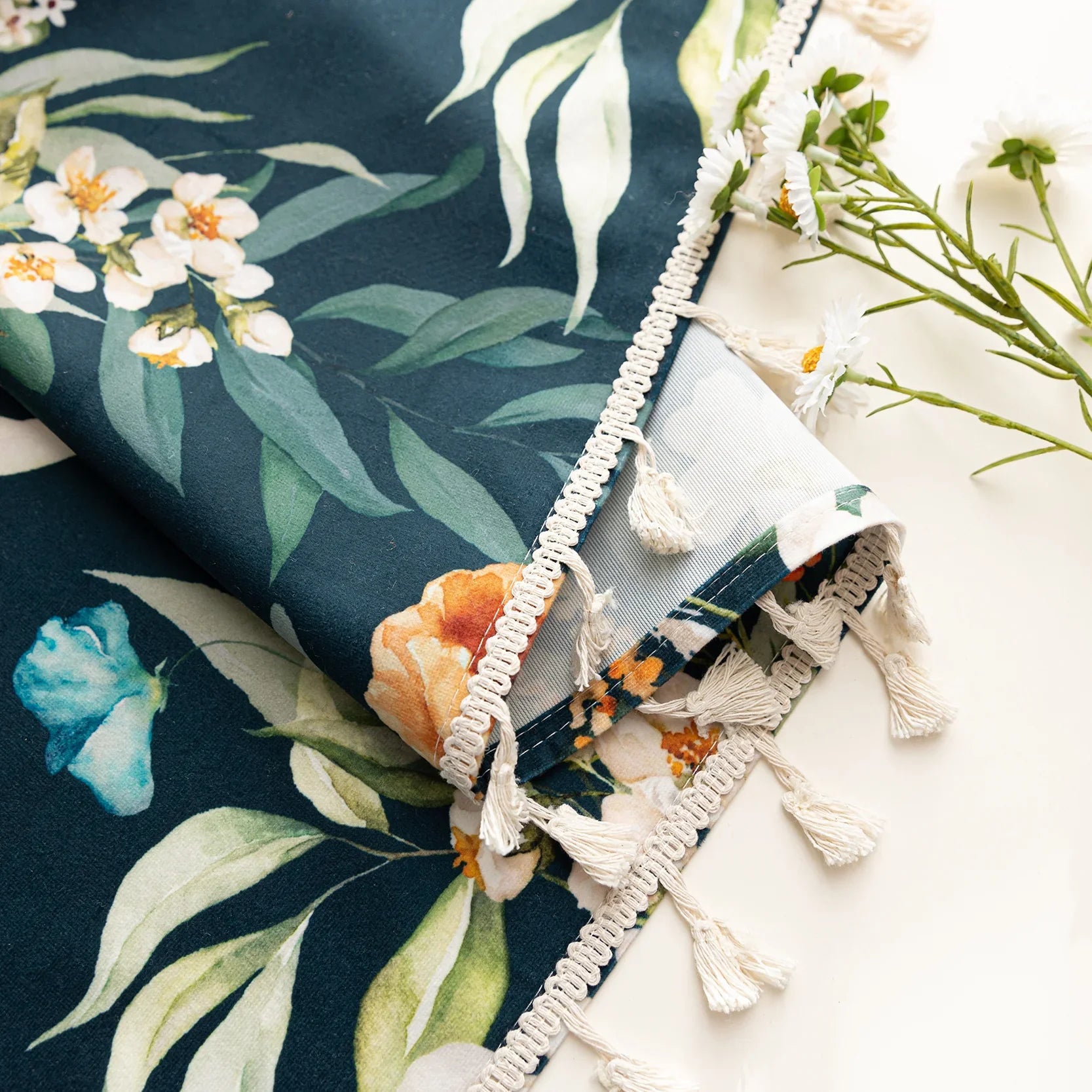 Dark teal floral curtain with vibrant botanical prints, adding a fresh, elegant, and nature-inspired touch to any room décor.
