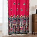 Vibrant Red Bohemian Curtains – Infuse your home with bold color and artistic flair using these stunning red curtains adorned with intricate multicolor ethnic patterns. The rich crimson backdrop is complemented by an elaborate border design in green, gold, and black, with small paisley-style motifs scattered throughout. Crafted from lightweight fabric, they softly filter sunlight while adding a warm, inviting atmosphere to any room. Perfect for living rooms, bedrooms, or creative spaces, these tassel-trimme