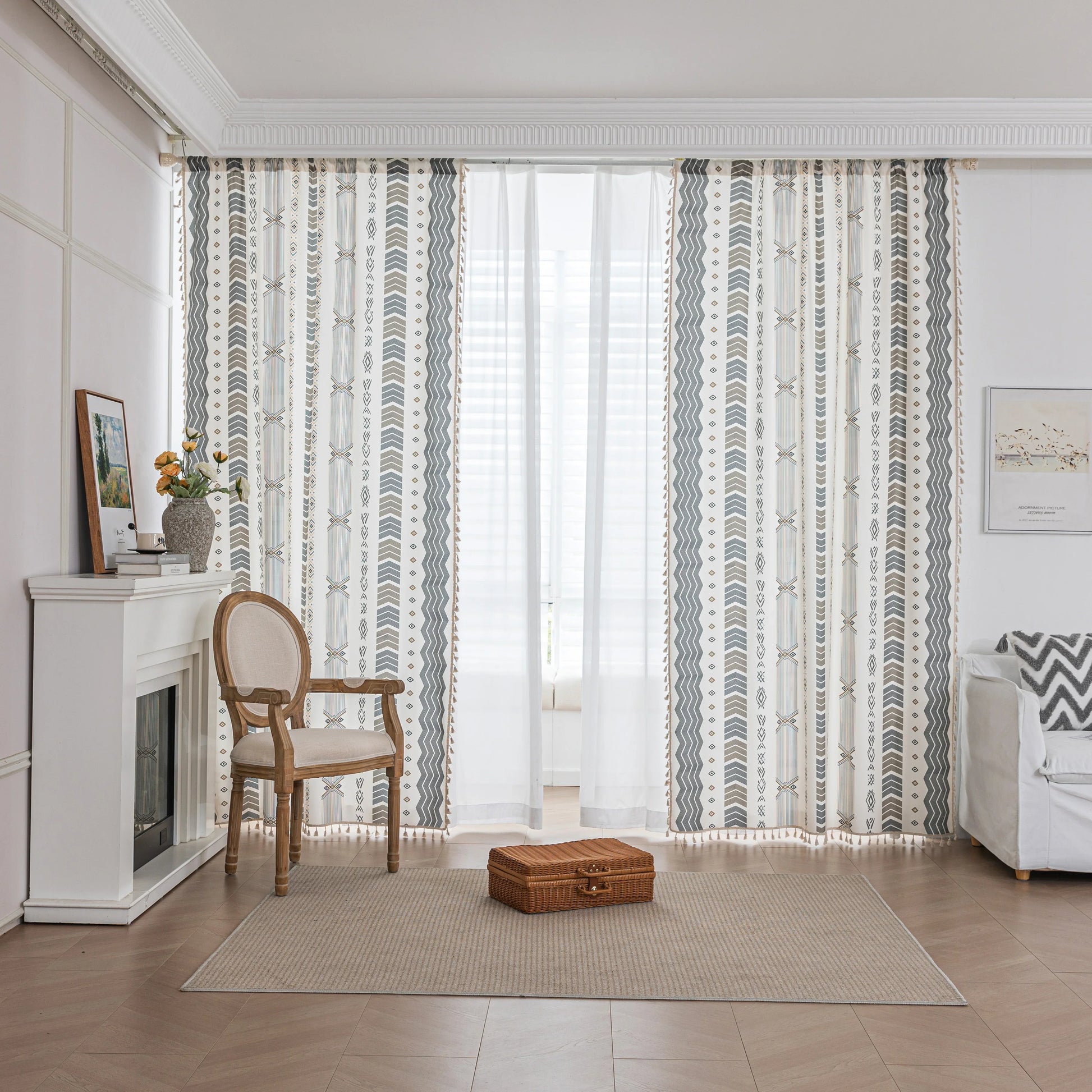 Boho Geometric Patterned Curtains – Elevate your home décor with these elegant cream curtains featuring intricate tribal-inspired geometric designs in earthy gray, beige, and gold tones. Crafted from soft, breathable fabric, they allow gentle natural light to filter through while providing a cozy, inviting atmosphere. The stylish tassel trim adds a charming bohemian touch, making them perfect for living rooms, bedrooms, or creative spaces seeking a modern yet warm aesthetic.
