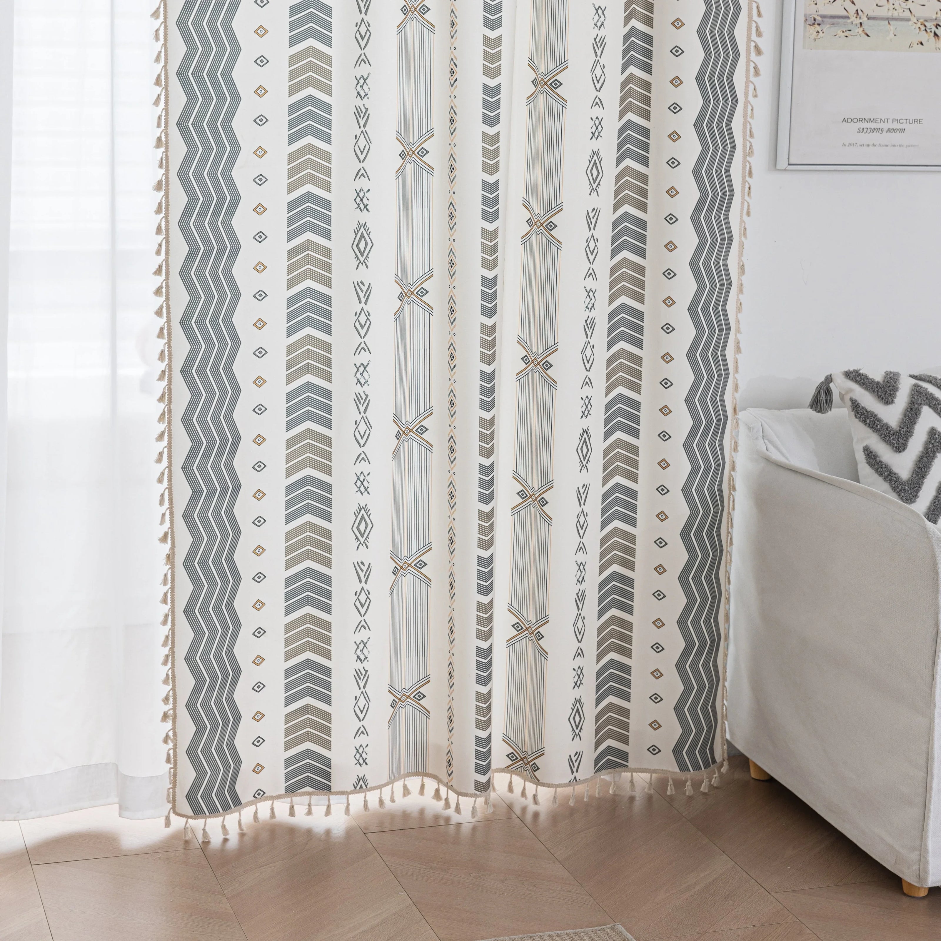 Boho Geometric Patterned Curtains ¨C Elevate your home d¨¦cor with these elegant cream curtains featuring intricate tribal-inspired geometric designs in earthy gray, beige, and gold tones. Crafted from soft, breathable fabric, they allow gentle natural light to filter through while providing a cozy, inviting atmosphere. The stylish tassel trim adds a charming bohemian touch, making them perfect for living rooms, bedrooms, or creative spaces seeking a modern yet warm aesthetic.
