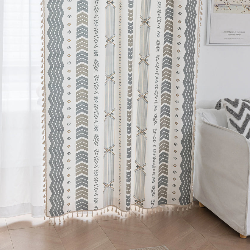 Boho Geometric Patterned Curtains ¨C Elevate your home d¨¦cor with these elegant cream curtains featuring intricate tribal-inspired geometric designs in earthy gray, beige, and gold tones. Crafted from soft, breathable fabric, they allow gentle natural light to filter through while providing a cozy, inviting atmosphere. The stylish tassel trim adds a charming bohemian touch, making them perfect for living rooms, bedrooms, or creative spaces seeking a modern yet warm aesthetic.
