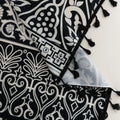 Elegant Black and White Bohemian Curtains – Add timeless charm to your home with these white curtains adorned with intricate black floral and paisley patterns. The bold border design at the base transitions into delicate motifs toward the top, creating a balanced, eye-catching look. Made from soft, lightweight fabric, they allow natural light to filter through while maintaining privacy. Perfect for living rooms, bedrooms, or creative spaces, these tassel-trimmed curtains bring a sophisticated boho vibe to a