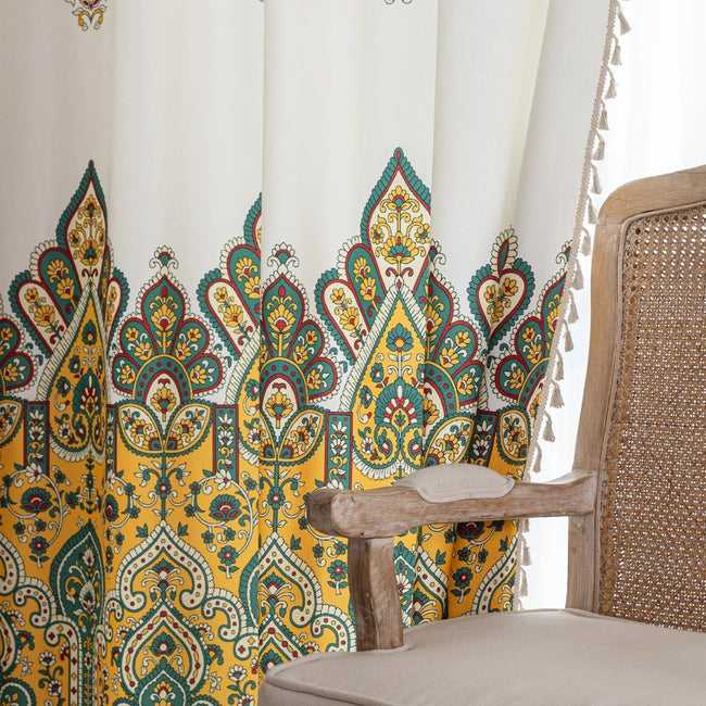 Bohemian Paisley Print Curtains ¨C Brighten your space with these vibrant white curtains featuring an intricate paisley design in rich yellow, green, and red tones. The elegant pattern starts at the base and gracefully fades upward, adding a unique artistic touch to your home d¨¦cor. Made from lightweight, breathable fabric, they allow soft natural light to flow in while enhancing any living room, bedroom, or creative space with a warm, eclectic charm. Tassel trim along the edges completes the boho-inspired