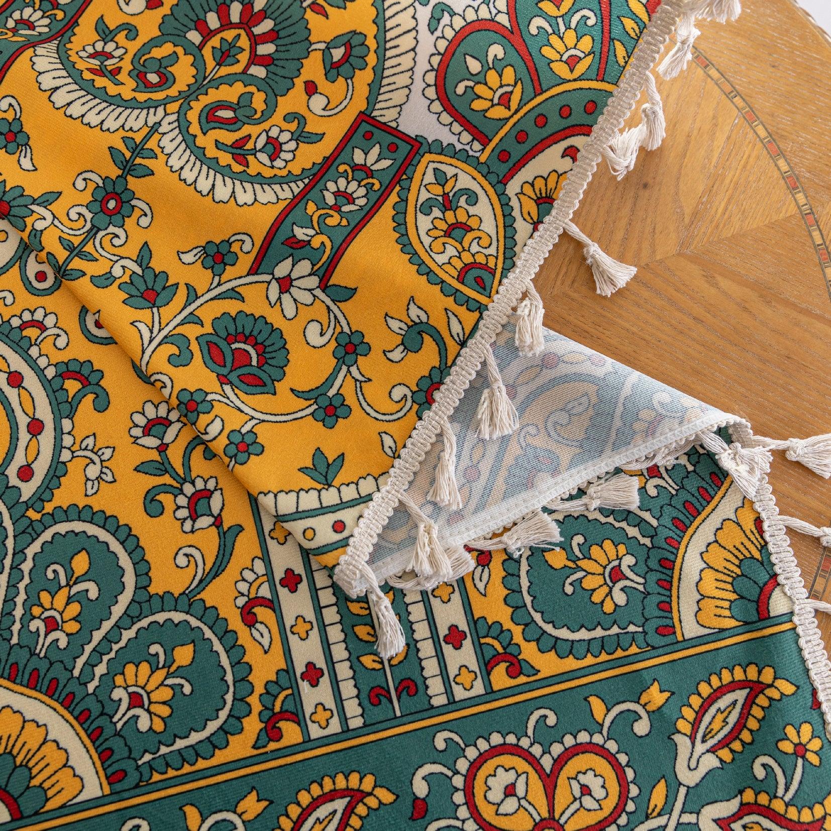 Bohemian Paisley Print Curtains – Brighten your space with these vibrant white curtains featuring an intricate paisley design in rich yellow, green, and red tones. The elegant pattern starts at the base and gracefully fades upward, adding a unique artistic touch to your home décor. Made from lightweight, breathable fabric, they allow soft natural light to flow in while enhancing any living room, bedroom, or creative space with a warm, eclectic charm. Tassel trim along the edges completes the boho-inspired l