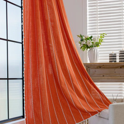 Vibrant Orange Tassel Curtains ¨C Brighten up your space with these stunning orange curtains featuring elegant vertical white embroidery and charming tassel trim. Made from soft, breathable fabric, they allow gentle natural light to filter through while maintaining privacy. Perfect for adding a cheerful, modern touch to living rooms, bedrooms, or creative spaces, their bold color and artisanal detailing blend seamlessly with bohemian, eclectic, or contemporary d¨¦cor. Durable, easy to care for, and stylish,