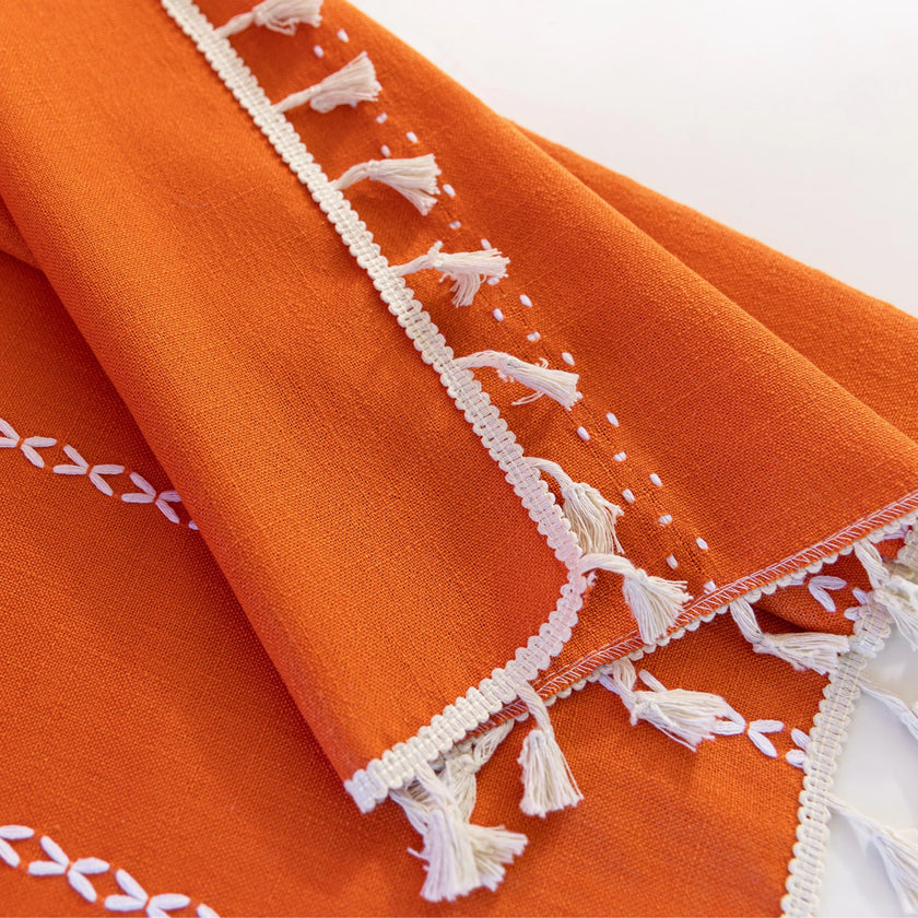 Vibrant Orange Tassel Curtains ¨C Brighten up your space with these stunning orange curtains featuring elegant vertical white embroidery and charming tassel trim. Made from soft, breathable fabric, they allow gentle natural light to filter through while maintaining privacy. Perfect for adding a cheerful, modern touch to living rooms, bedrooms, or creative spaces, their bold color and artisanal detailing blend seamlessly with bohemian, eclectic, or contemporary d¨¦cor. Durable, easy to care for, and stylish,