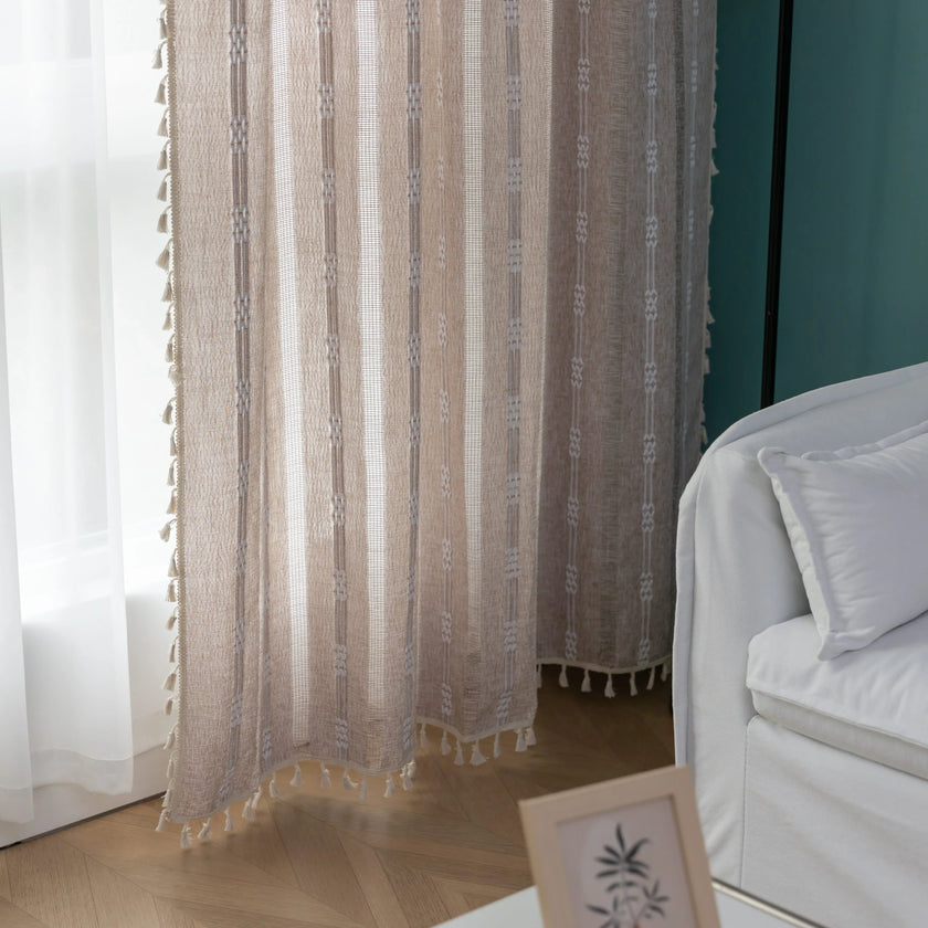 Khaki and white curtain embroidery detail