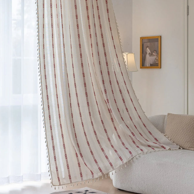 Red embroidery curtain full panel view
