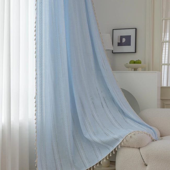 Boho blue embroidery curtain full panel view