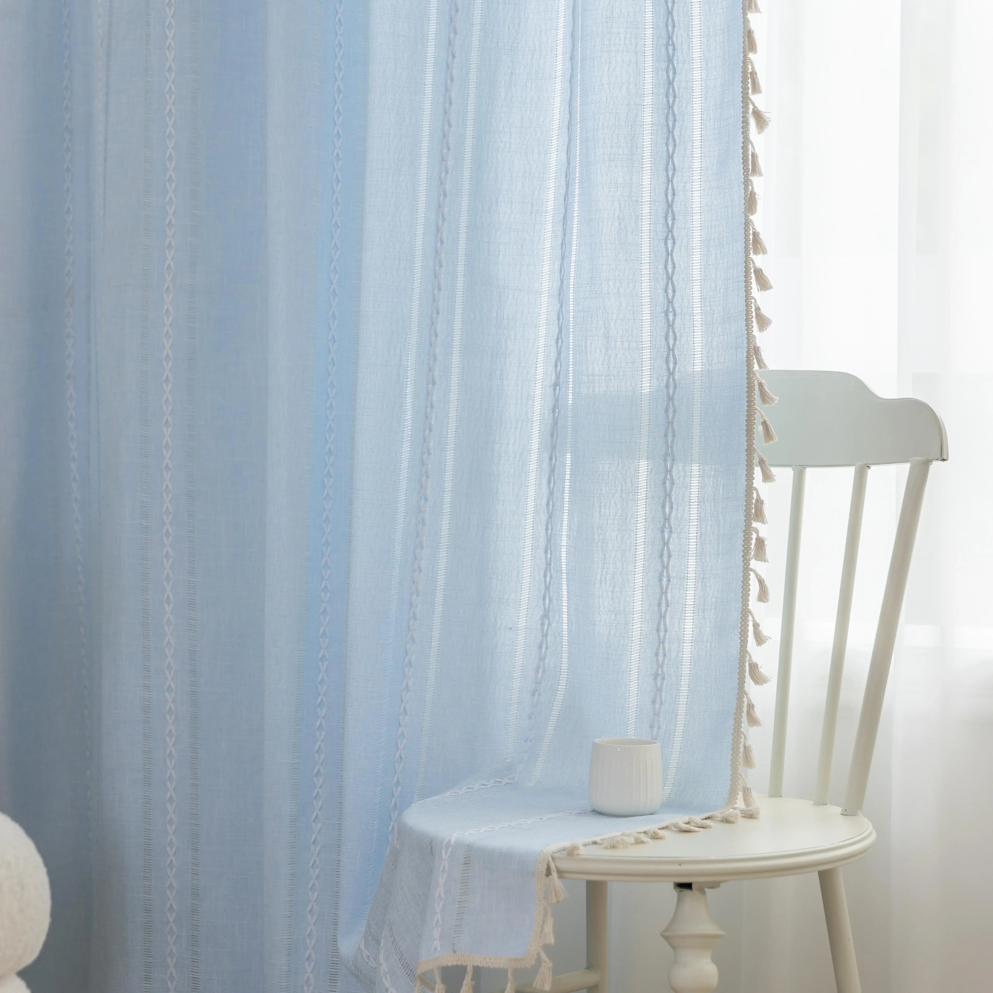 Boho blue embroidery curtain fabric detail