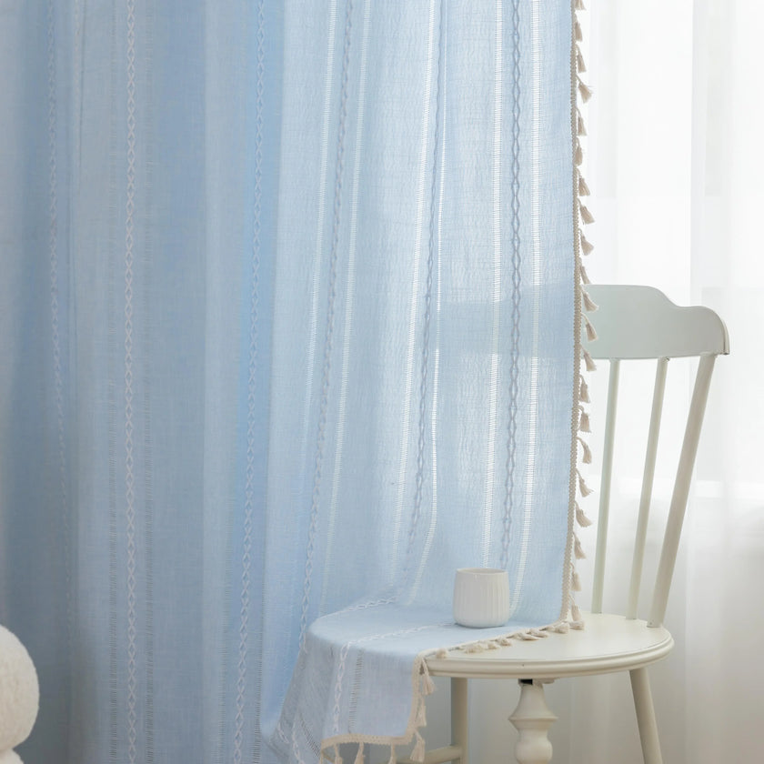 Boho blue embroidery curtain fabric detail