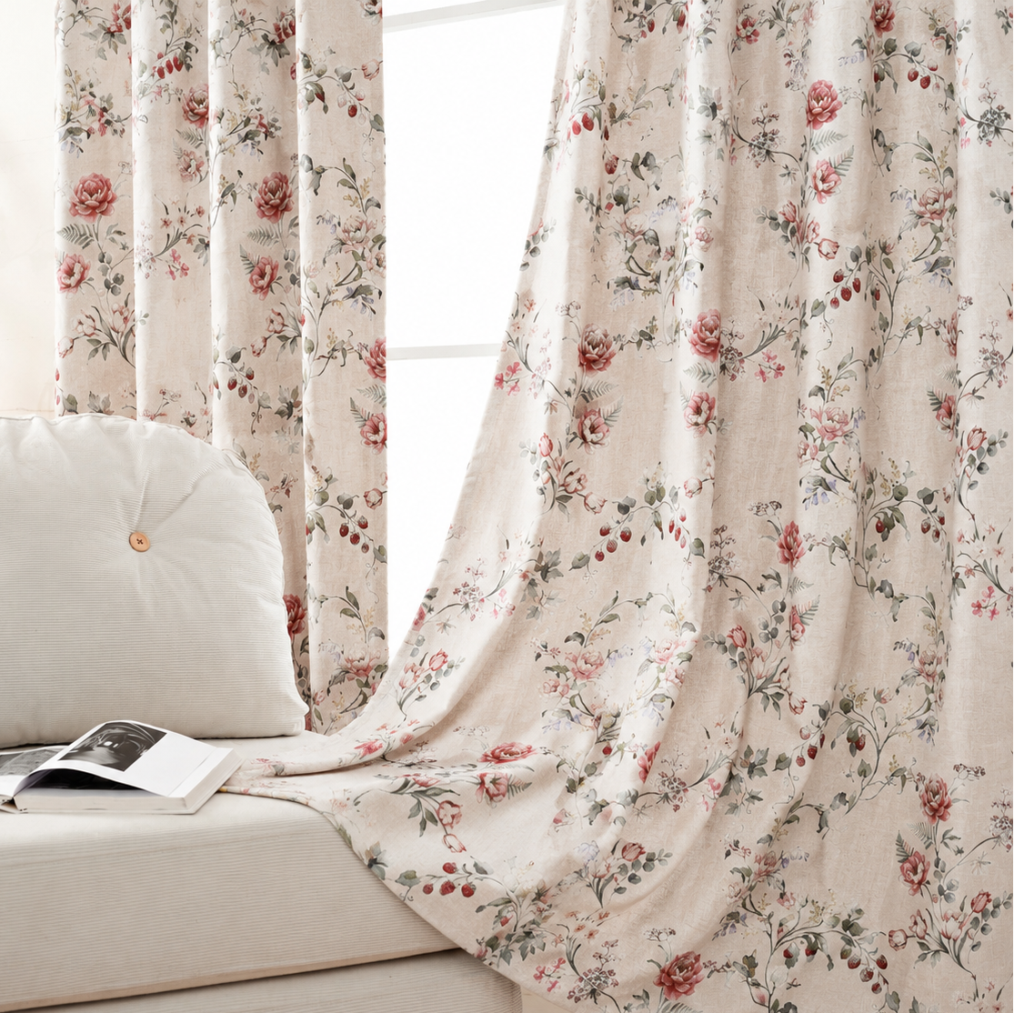 Vintage Pink Rose Floral Linen Texture Curtains Grommet Top 2 Panel